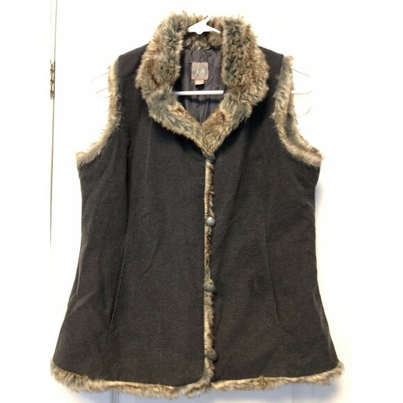 J. Jill Vest Women’s XS Charcoal Grey Faux Fur Trim Metal Buttons Flawed - Picture 1 of 9